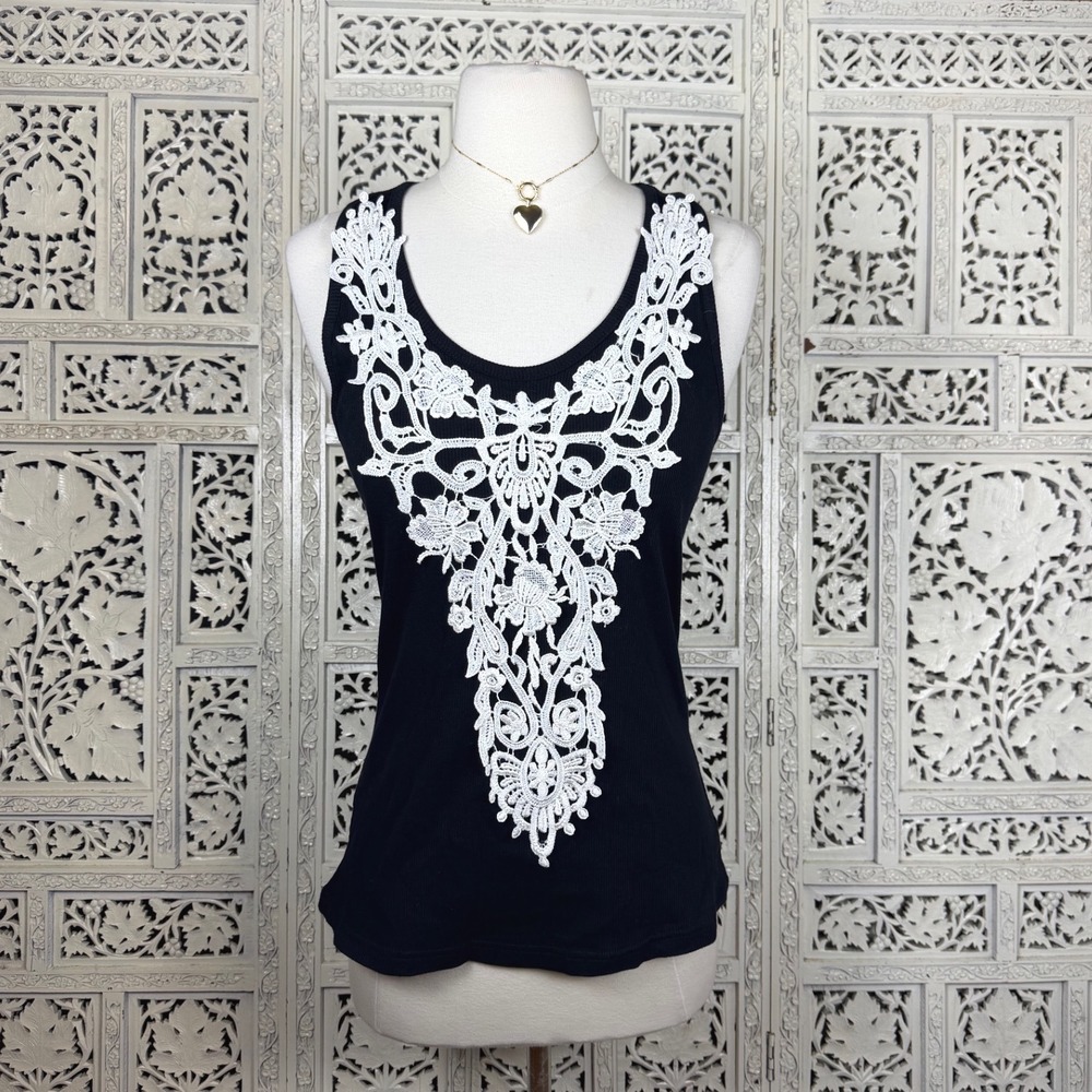 Vtg Y2K Black Ribbed Lace Tank Top Sz‎ M Whimisgoth Grunge Dainty Rockabilly